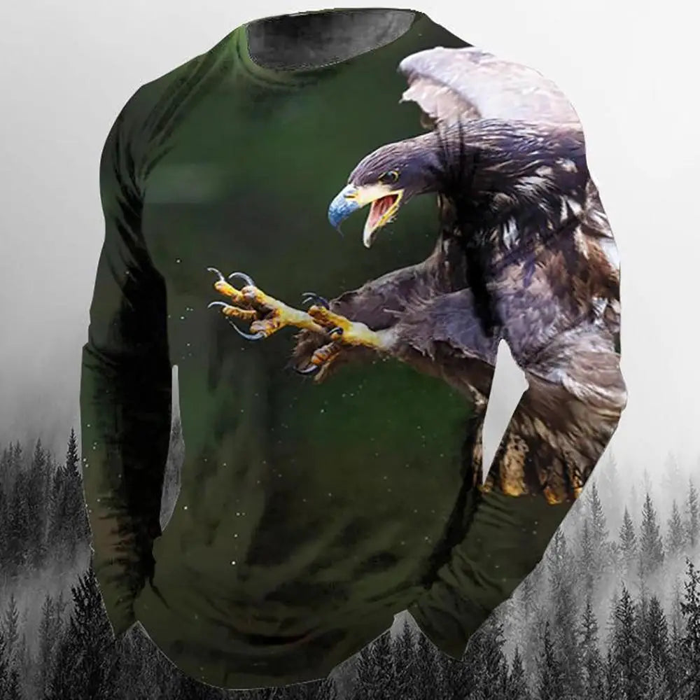 2024 New Men's Eagle Print Graphic Casual Long Sleeve T-Shirt Autumn Streetwear 3D Animal Print Hip Hop Men's Tops T-Shirt