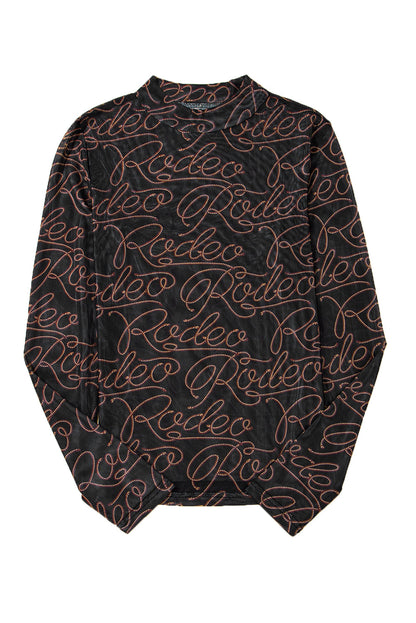 Black Western Rodeo Printed Mock Neck Long Sleeve Mesh Top