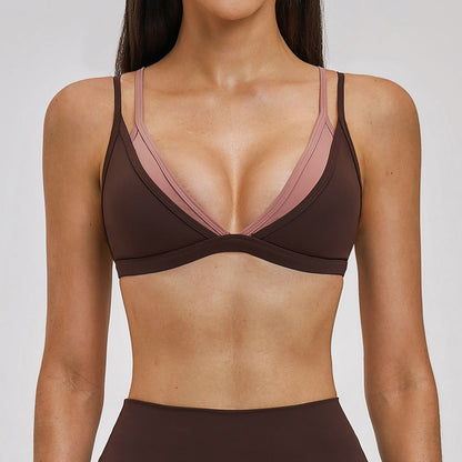 Nude Feel Beauty Back Yoga Bra Faux Two Piece Contrast Color Outdoor Casual Sports Workout Underwear Women