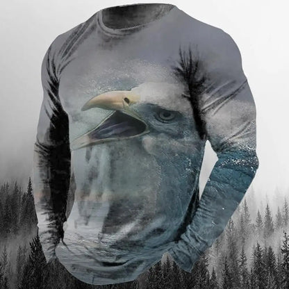 2024 New Men's Eagle Print Graphic Casual Long Sleeve T-Shirt Autumn Streetwear 3D Animal Print Hip Hop Men's Tops T-Shirt