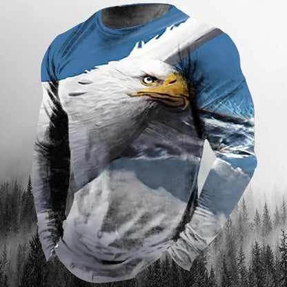 2024 New Men's Eagle Print Graphic Casual Long Sleeve T-Shirt Autumn Streetwear 3D Animal Print Hip Hop Men's Tops T-Shirt
