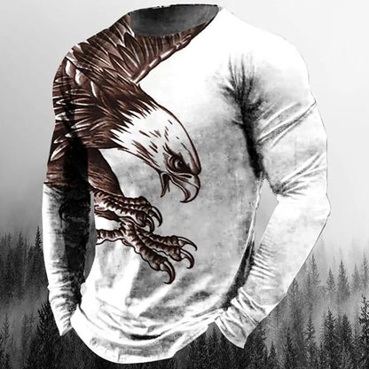 2024 New Men's Eagle Print Graphic Casual Long Sleeve T-Shirt Autumn Streetwear 3D Animal Print Hip Hop Men's Tops T-Shirt