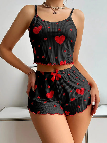 2 Pieces Pajama Set Shorts Women Homewear Print Underwear Pijamas Sexy Lingerie Camisoles Tanks Nighty Sleepwear
