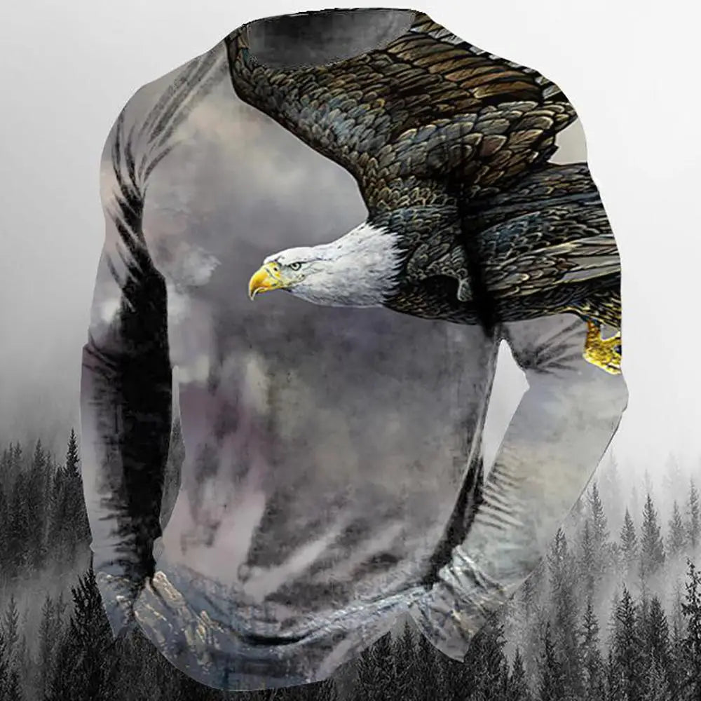 2024 New Men's Eagle Print Graphic Casual Long Sleeve T-Shirt Autumn Streetwear 3D Animal Print Hip Hop Men's Tops T-Shirt
