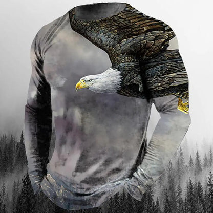 2024 New Men's Eagle Print Graphic Casual Long Sleeve T-Shirt Autumn Streetwear 3D Animal Print Hip Hop Men's Tops T-Shirt