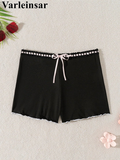 XS - L Bow Mini Shorts Ribbed Bikini Bottom Swim Brief Women Swimwear Female Bather Brazilian Tanga Panties Underwear V6538