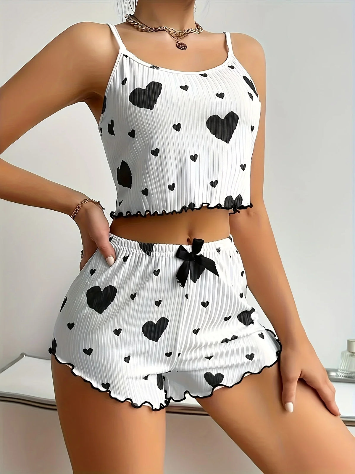 Summer Sleepwear Women 2 Pieces Pajama Set Homewear Heart Print Camisoles and Shorts Sexy Lingerie Nighty Underwear