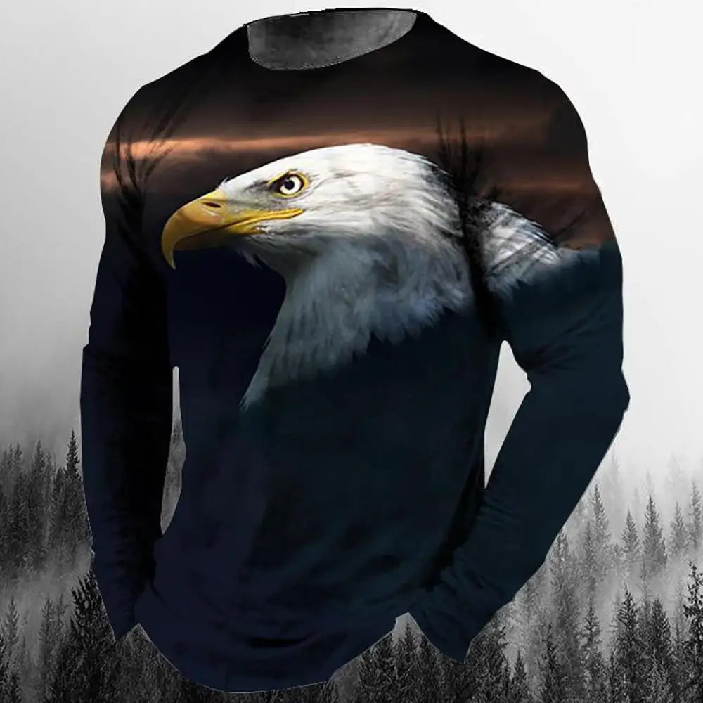2024 New Men's Eagle Print Graphic Casual Long Sleeve T-Shirt Autumn Streetwear 3D Animal Print Hip Hop Men's Tops T-Shirt
