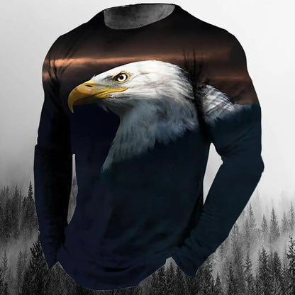 2024 New Men's Eagle Print Graphic Casual Long Sleeve T-Shirt Autumn Streetwear 3D Animal Print Hip Hop Men's Tops T-Shirt
