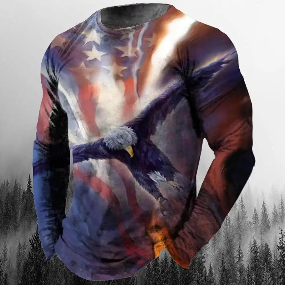 2024 New Men's Eagle Print Graphic Casual Long Sleeve T-Shirt Autumn Streetwear 3D Animal Print Hip Hop Men's Tops T-Shirt