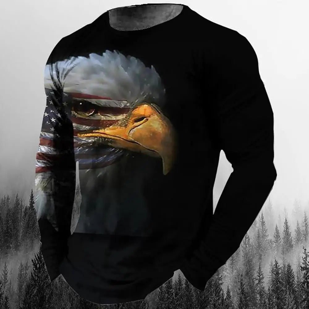 2024 New Men's Eagle Print Graphic Casual Long Sleeve T-Shirt Autumn Streetwear 3D Animal Print Hip Hop Men's Tops T-Shirt